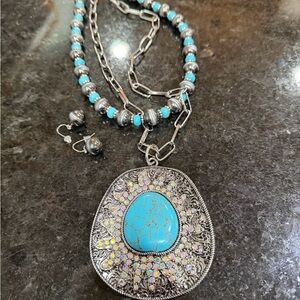 Turquoise and Rhinestone Pendant Necklace and Earring Set